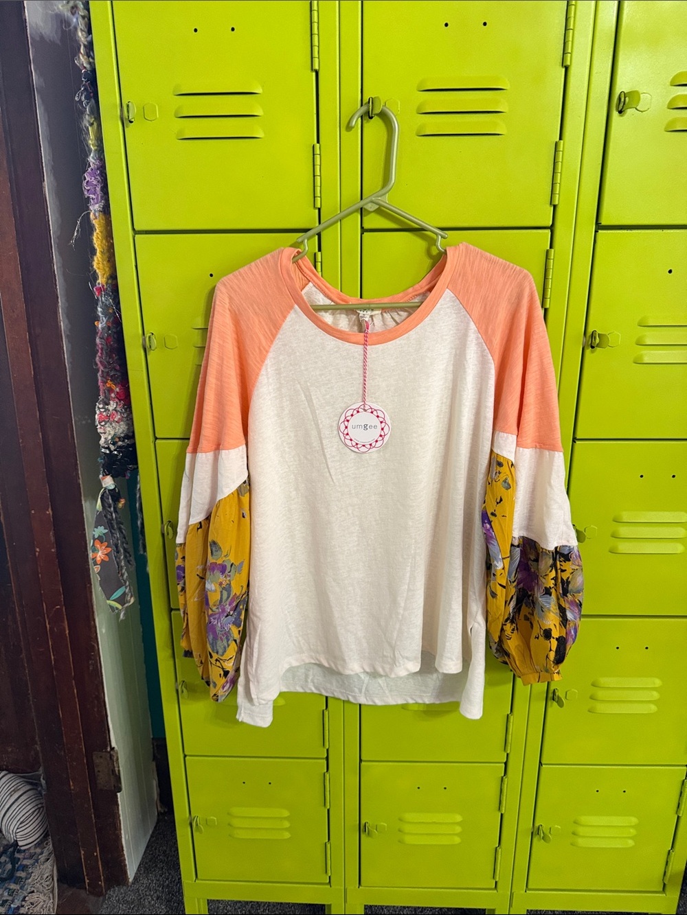 Umgee Cream & Peach Raglan Top with Mustard Floral Balloon Sleeves